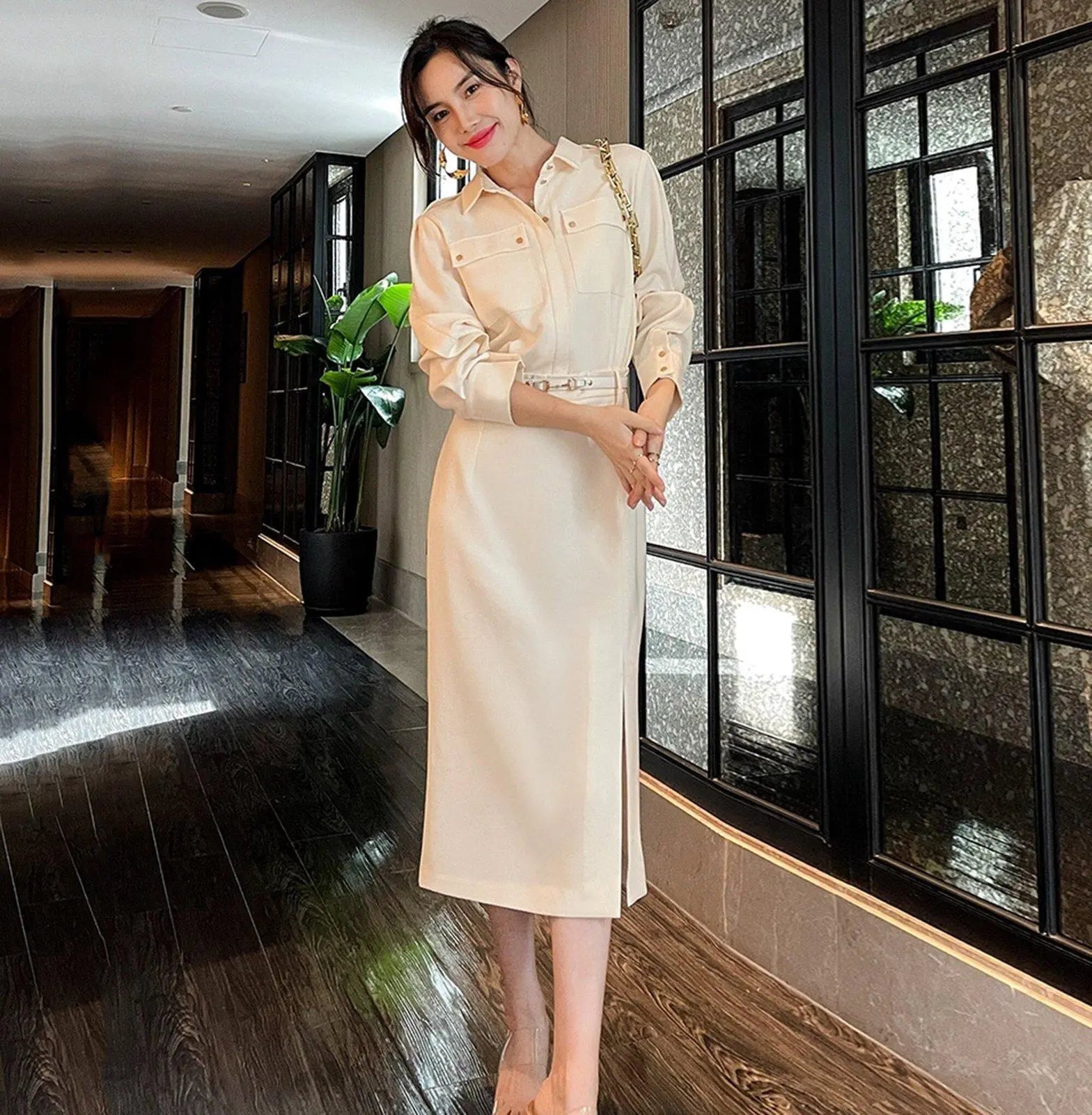 Women's Beige long-sleeves Shirt Dress ...